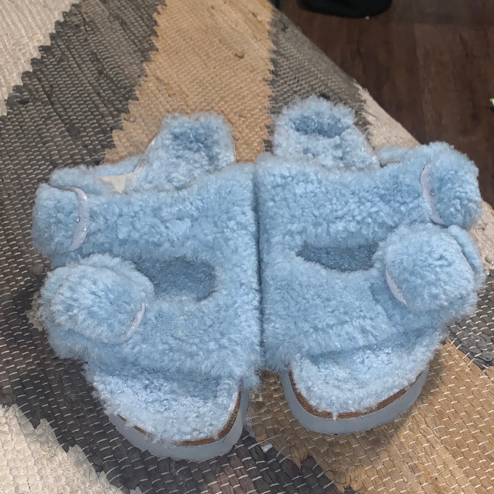 Papillio By Birkenstock Light Blue Fuzzy Slippers